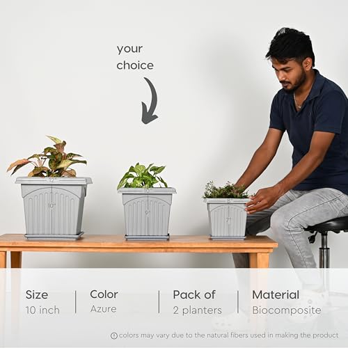 Eha Earth-Friendly 10" Archway Planters with Tray | Set of 4 | Plant Pot Made with Rice Husk Biocomposite | UV Protected | Drainage Hole | Pots for Indoor, Outdoor, Balcony & Garden | Azure - Image 2