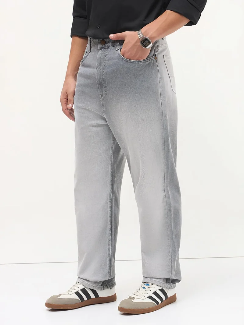 Urbano Fashion  Urbano Fashion Men's Light Grey Loose Baggy Fit Heavy Washed Faded Denim Jeans Non-Stretchable for Men | Best Price UAE