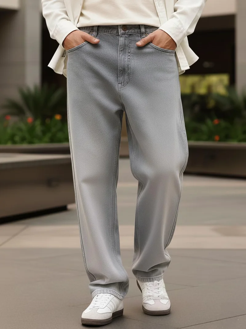 Urbano Fashion Men's Light Grey Loose Baggy Fit Heavy Washed Faded Denim Jeans Non-Stretchable