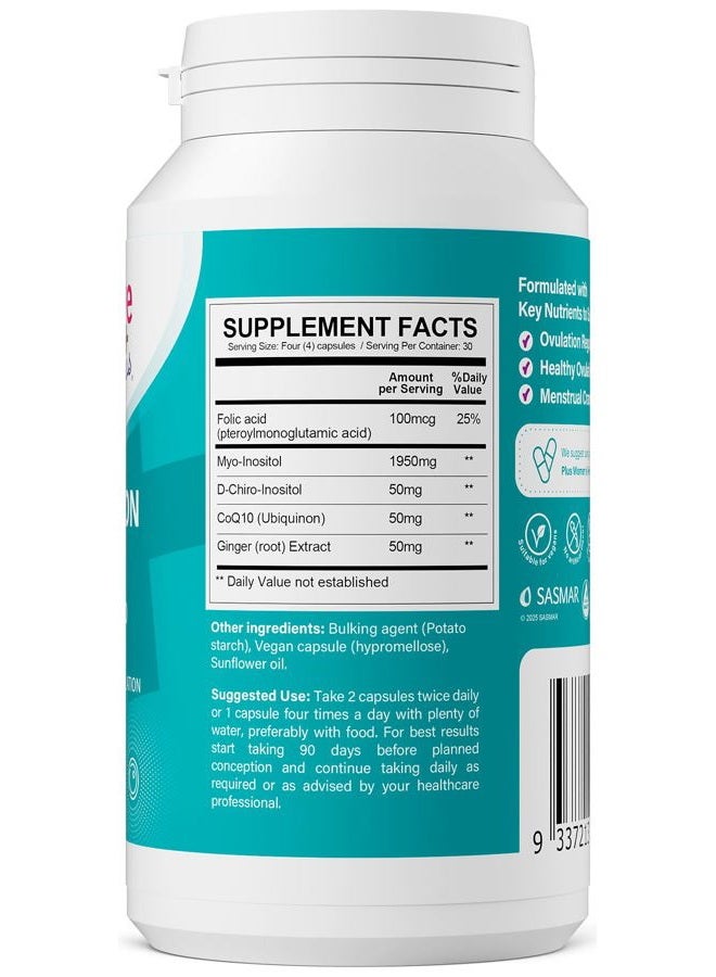 Conceive Plus دعم الإباضة | ميو-إنوزيتول ودي-كيرو إنوزيتول لخصوبة النساء | مكملات تكيس المبايض لصحة الإنجاب وتوازن الهرمونات للنساء | كيو10، حمض الفوليك، زنجبيل | إمداد لمدة 30 يومًا - Image 2