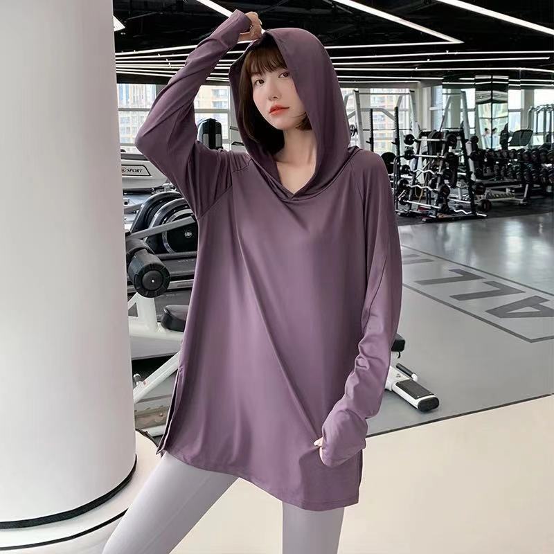 Generic Long Hooded Yoga Top Plus Size Slimming Fitness Shirt Brown long sleeve 879 [regular]] 