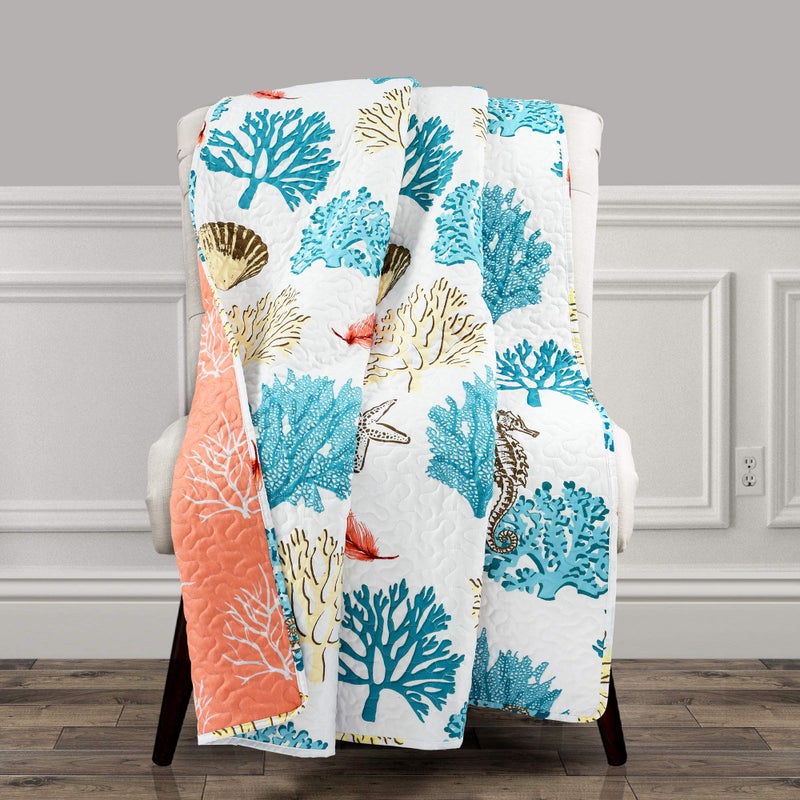 Lush Decor Lush Decor Coastal Reef Feather Reversible Throw Blanket 50 W x 60 L Blue  Coral  Coral Throw Blanket  Quilted Throw  Seahorse Blanket For Bed Couch Or Chair  Beach  Coastal Decor 