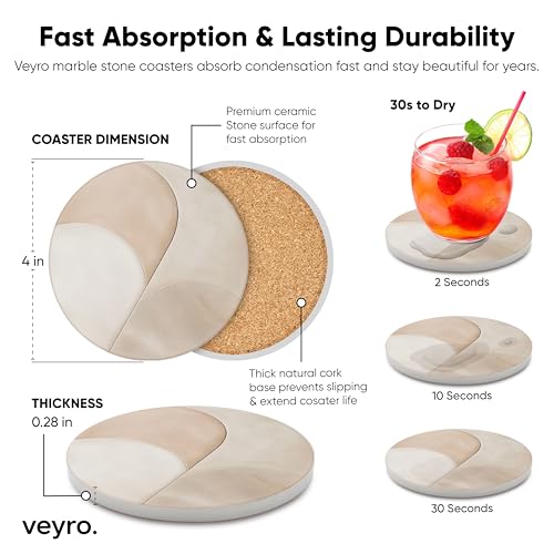 VEYRO Ceramic Coasters Set of 4 – Absorbent Stone Drink Coasters with Holder, Non-Slip Cork Backing, Modern Marble Look Coasters for Coffee Table, Desk & Home Decor - Image 5