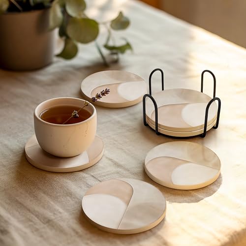 VEYRO Ceramic Coasters Set of 4 – Absorbent Stone Drink Coasters with Holder, Non-Slip Cork Backing, Modern Marble Look Coasters for Coffee Table, Desk & Home Decor - Image 2