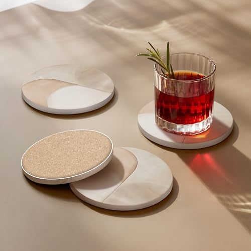 VEYRO Ceramic Coasters Set of 4 – Absorbent Stone Drink Coasters with Holder, Non-Slip Cork Backing, Modern Marble Look Coasters for Coffee Table, Desk & Home Decor - Image 3