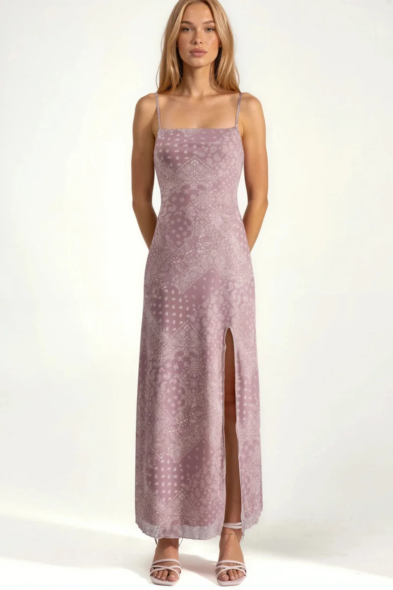 Hiccup Bright Pink Square Collar Printed Midi Dress for Women | Best Price UAE