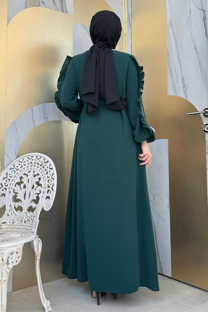 Bym Fashion Ruffle Sleeve Stone Detail Abaya Suit 8484 Emerald  - Image 2
