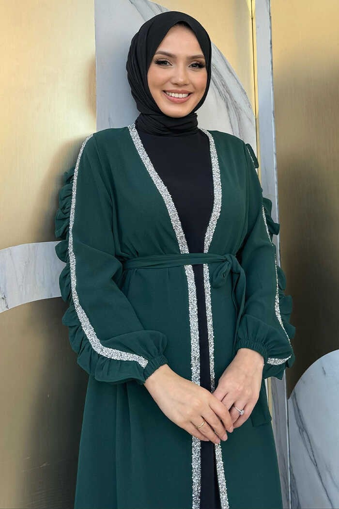 Bym Fashion Ruffle Sleeve Stone Detail Abaya Suit 8484 Emerald  - Image 4