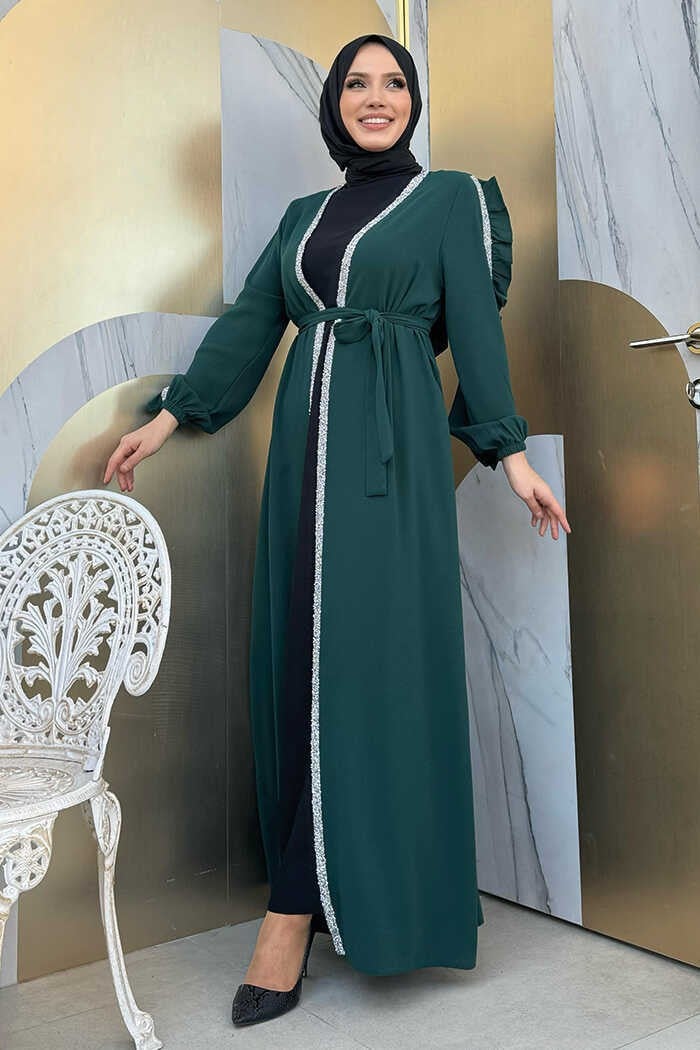 Bym Fashion Ruffle Sleeve Stone Detail Abaya Suit 8484 Emerald  - Image 3