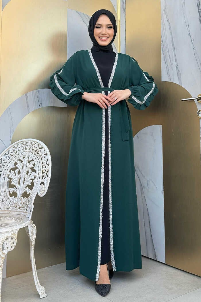 Bym Fashion Ruffle Sleeve Stone Detail Abaya Suit 8484 Emerald  - Image 1