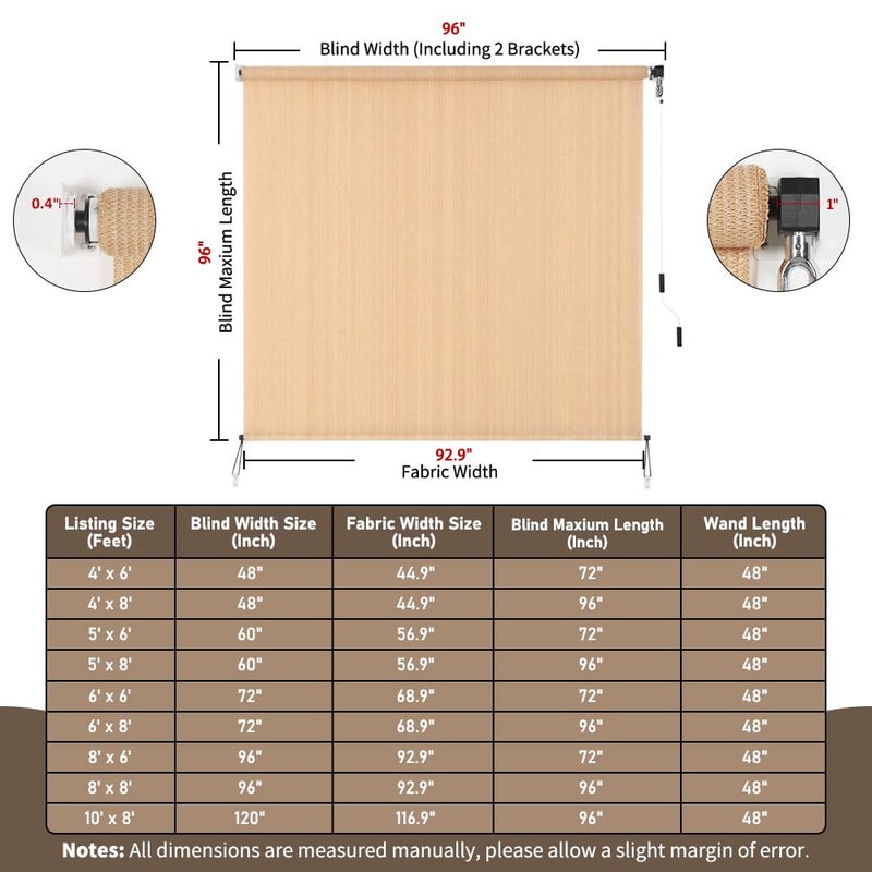HIDODO Outdoor Roller Shade 8' W x 8' L Cordless Patio Shades Roll Up Outdoors Blinds with UV Protection, Exterior Roller Shades Cloth for Porch Pergola, Beige - Image 2
