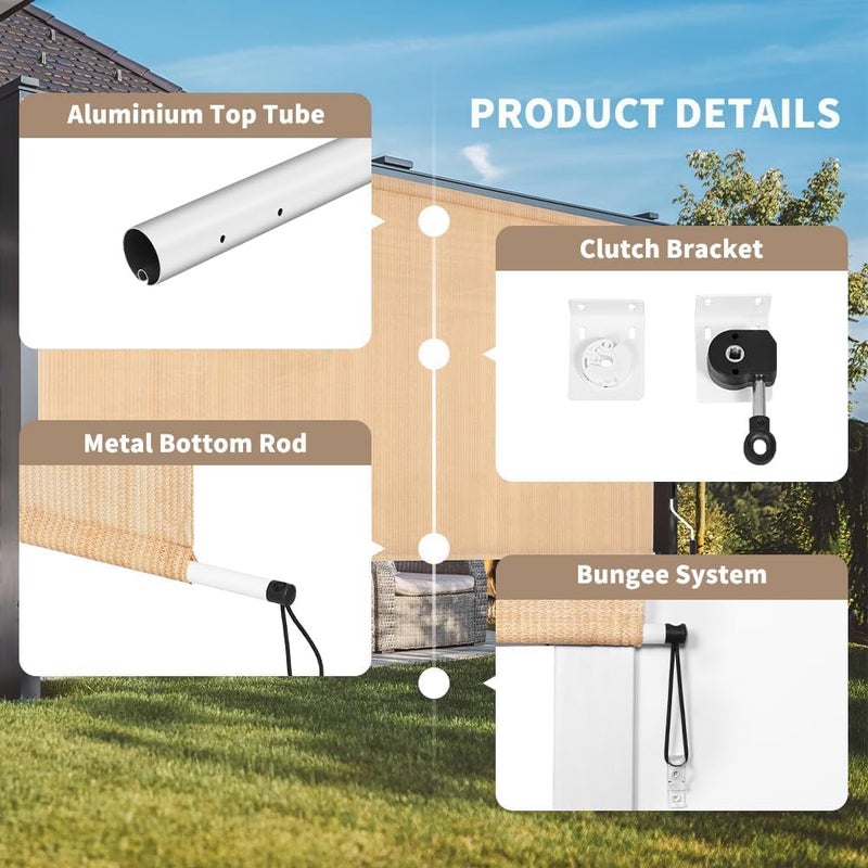 HIDODO Outdoor Roller Shade 8' W x 8' L Cordless Patio Shades Roll Up Outdoors Blinds with UV Protection, Exterior Roller Shades Cloth for Porch Pergola, Beige - Image 5