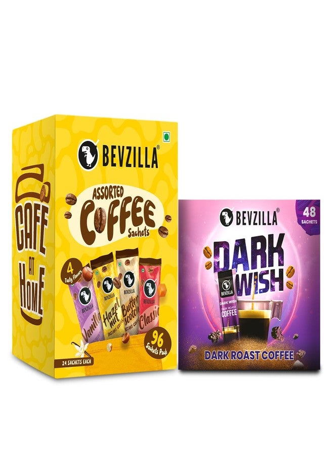 Bevzilla 48 Sachets Dark Wish Instant Coffee Powder (48 X 2g Sachets) X 96 Assorted Instant Coffee Powder Sachets (96 X 2g Sachets)| Hazelnut, Classic, Vanilla & Butterscotch| Hot & Cold Coffee| 100 % Arabica Coffee| Strong Coffee| Best Coffee| Espresso, Latte, Cappuccino - Image 1