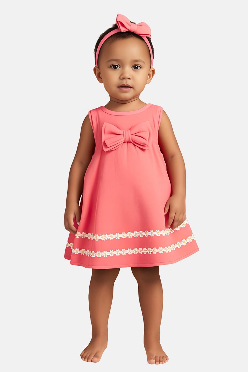 Quiltex Toddlers Girl 3 Pcs Lace Detail Dress, Panty and Headband Set, Coral - Image 1