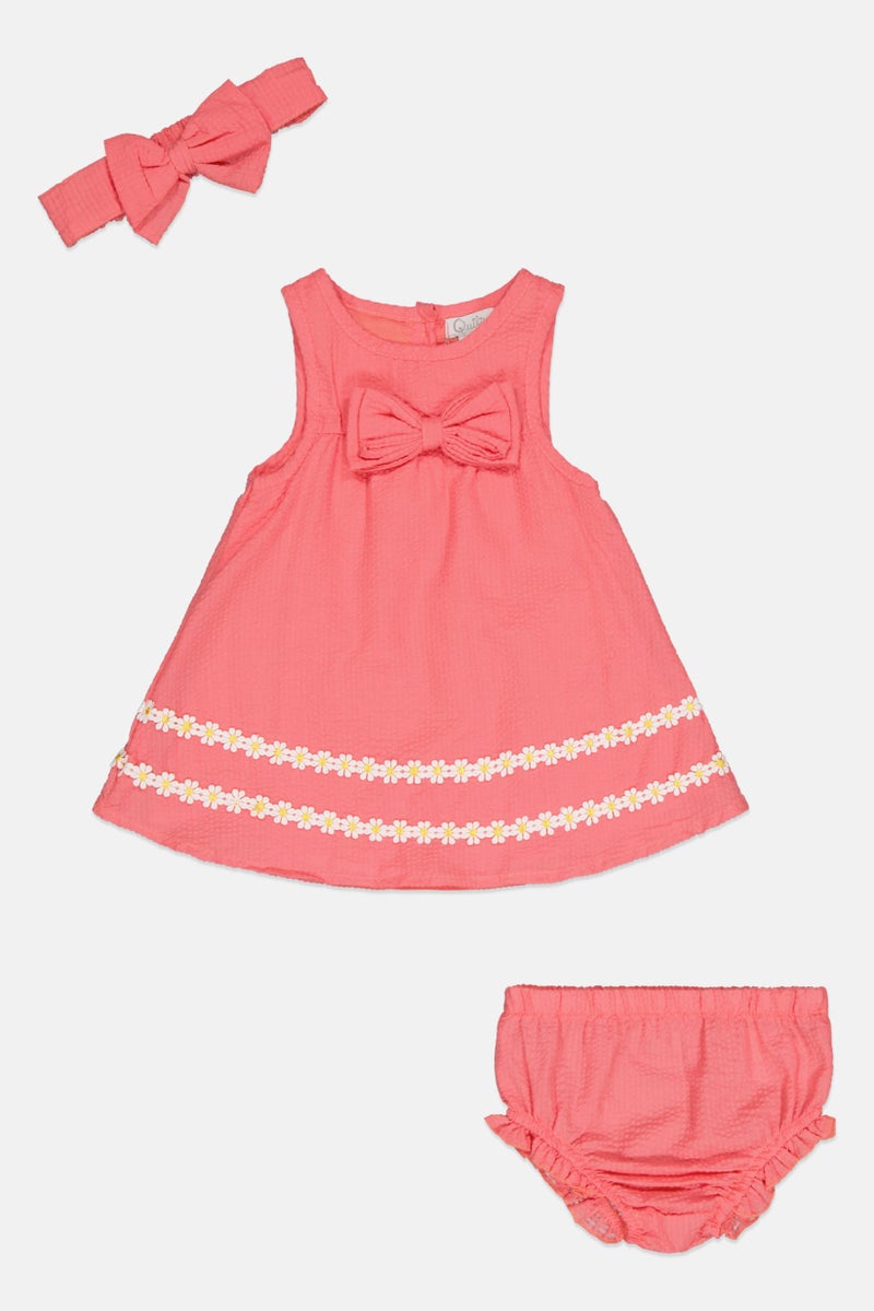 Quiltex Toddlers Girl 3 Pcs Lace Detail Dress, Panty and Headband Set, Coral - Image 2