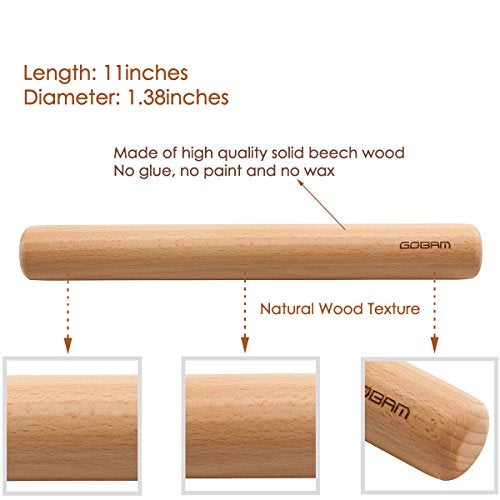 GOBAM Wood Rolling Pin, Small - Dough Roller for Pasta, Cookies, Pie, Pizza, Chapati, Fondant, Rolling Pins for Baking, Bread Making Tools and Supplies - 11 x 1.38 Inches - Image 2