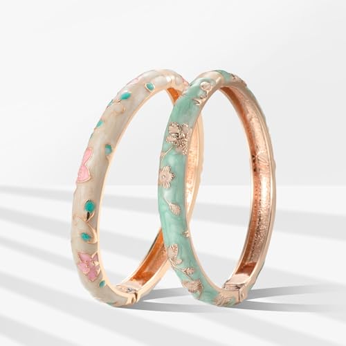 wynameleri Lastest Enamel Bangle Bracelet Green and White Set of 2 for Women in Gift Box - Image 3