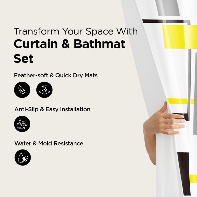 Kuber Industries Kuber Industries Shower Curtain & Bathmat Set | Non-Slip Bath mats for Bathroom | Easy-Slide Curtains | Polyester Curtain or Bathmat for Bath D�cor | XTL274-3T | 3 Pcs Set | Multicolor  - Image 2