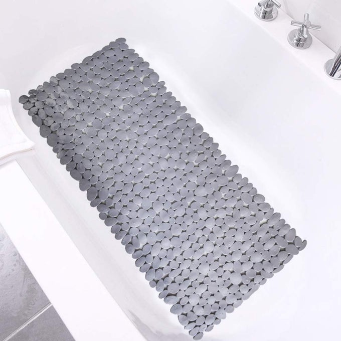 PEBBLE BATH MAT 35X16 INCHES FOR BATHTUB TO NON SLIP IN SHOWER WITH DRAIN HOLES SUCTION CUPS GREY