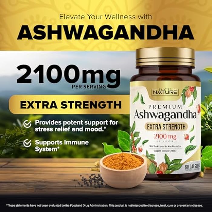 Built by Nature Ashwagandha 2100mg Extra Strength Stress Relief & Mood Support with Black Pepper Extract for Max Absorption - Non-GMO, Vegan, Gluten-Free - 60 Capsules - Image 2