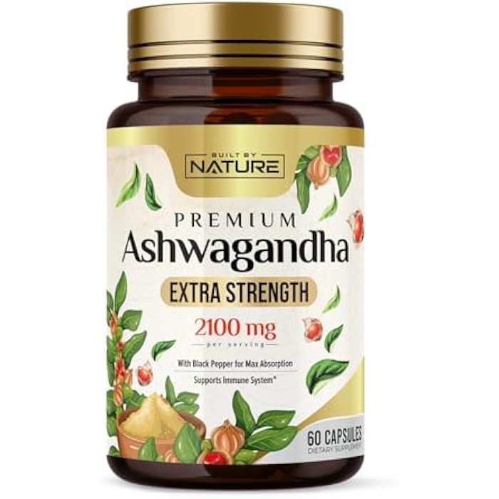 Built by Nature Ashwagandha 2100mg Extra Strength Stress Relief & Mood Support with Black Pepper Extract for Max Absorption - Non-GMO, Vegan, Gluten-Free - 60 Capsules - Image 1