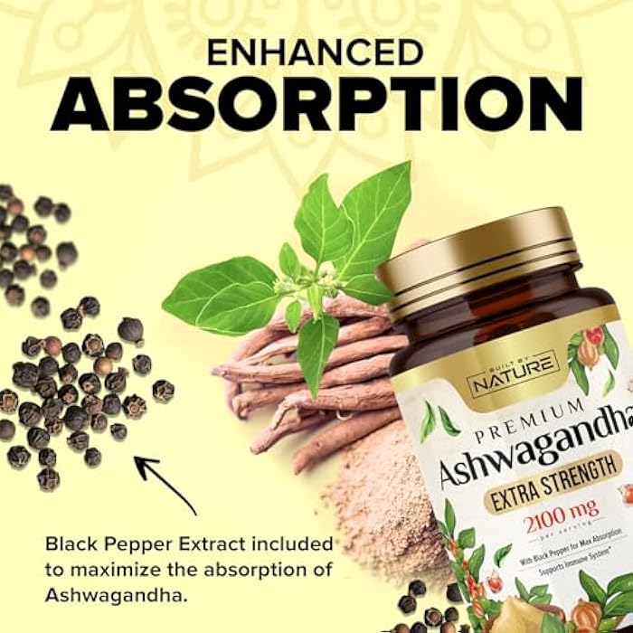 Built by Nature Ashwagandha 2100mg Extra Strength Stress Relief & Mood Support with Black Pepper Extract for Max Absorption - Non-GMO, Vegan, Gluten-Free - 60 Capsules - Image 3