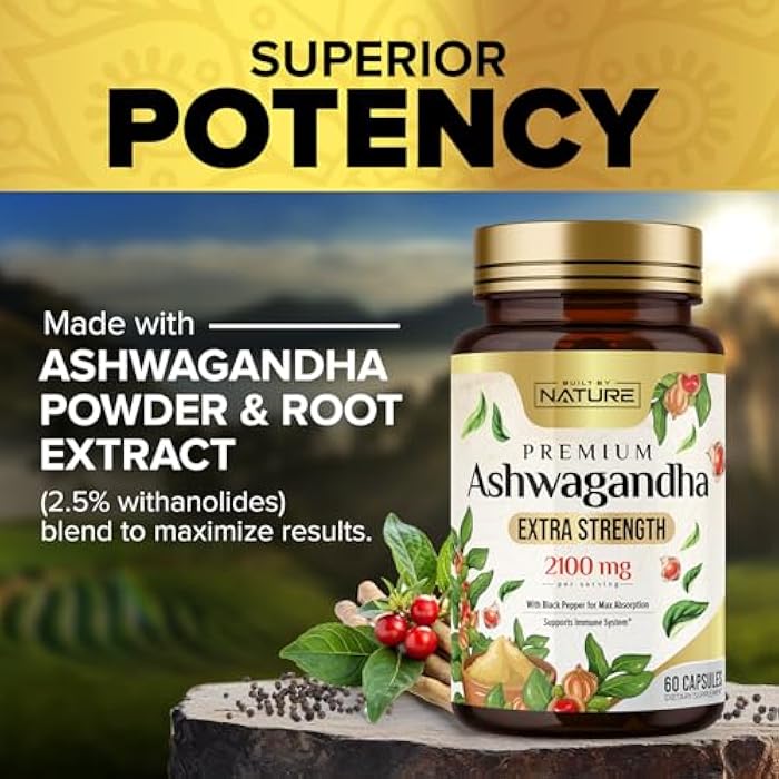 Built by Nature Ashwagandha 2100mg Extra Strength Stress Relief & Mood Support with Black Pepper Extract for Max Absorption - Non-GMO, Vegan, Gluten-Free - 60 Capsules - Image 4
