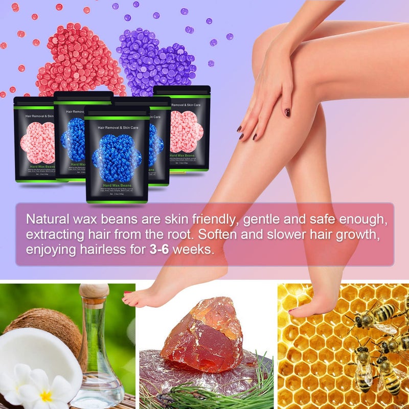 Auperwel Wax Beads for Hair Removal 1.1 lb (17.6 oz), Hard Wax Waxing Beads Kit for Sensitive Skin Brazilian, Face, Bikini, Eyebrow, Legs, Painless for Women Men, 5 packs with 10 Sticks - Image 2