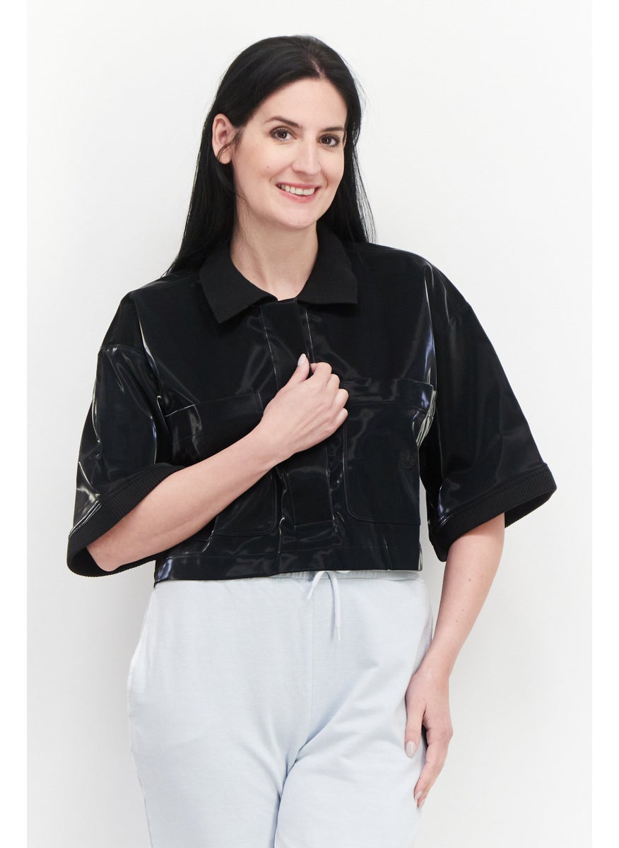 adidas Originals Women Sportswear Fit Short Sleeve Training Shine Crop Polo Shirt, Black  - Image 1