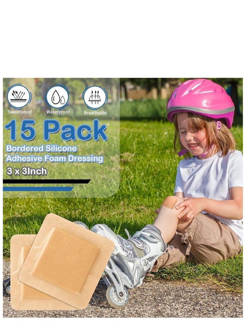 15 Pieces Bordered Silicone Adhesive Foam Dressing Square Dressing with Border Adhesive Patches Shower Waterproof Patch Breathable Wound Bandage (3 x 3 Inch)
