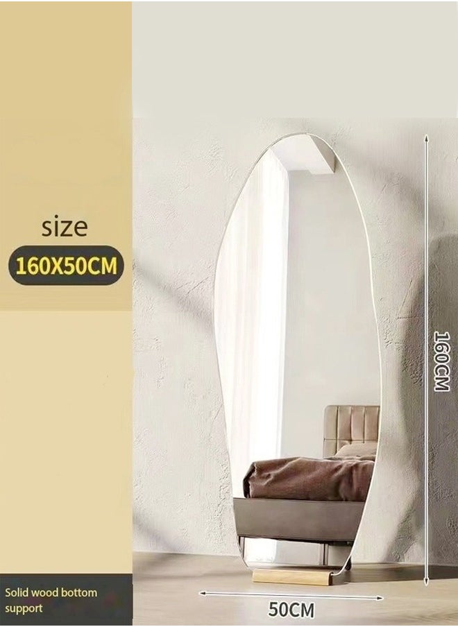fashionhome - Modern Scandinavian Design Full Length Mirror Standing Hanging or Leaning Against Wall Large Bedroom Floor Mirror Dressing Mirror Wall-Mounted Mirror Wood Frame Wavy Mirror Round Corner 50x160 cm - Image 1