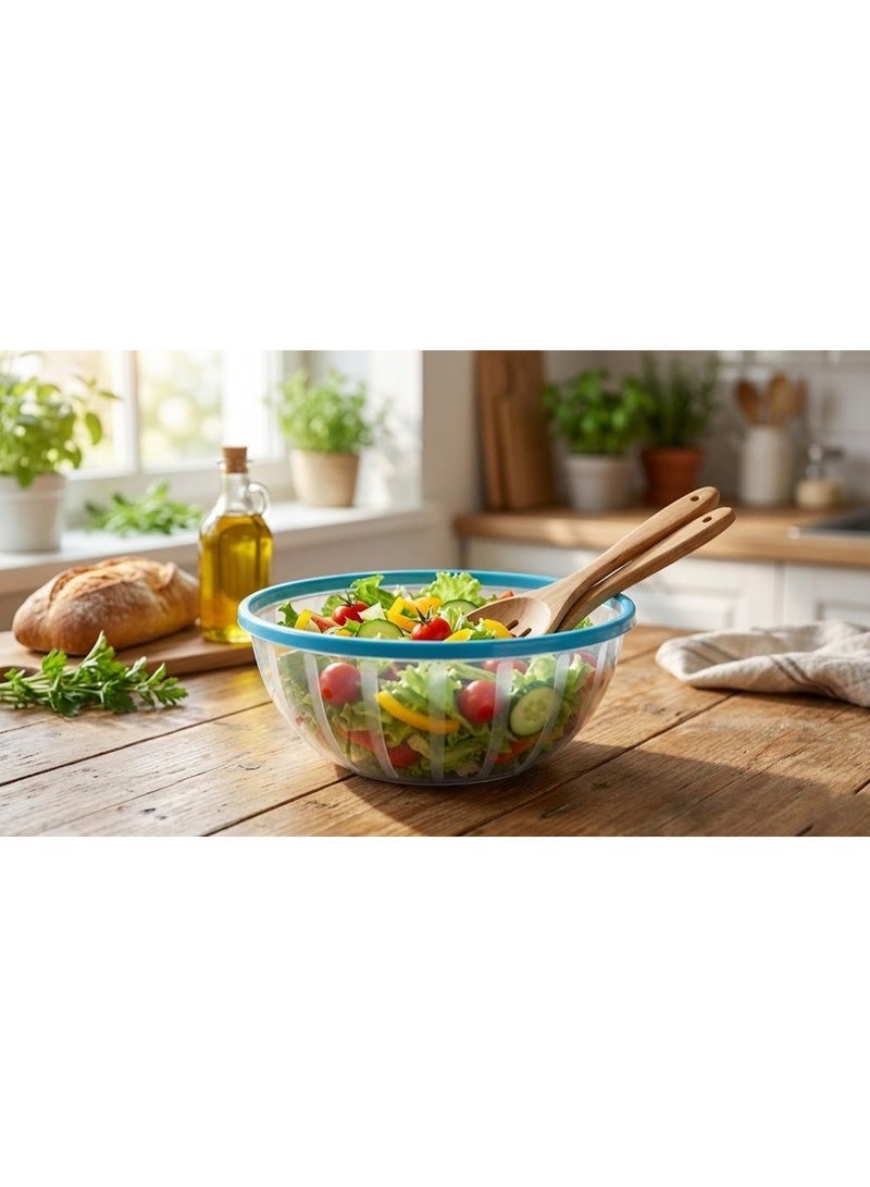 Large Clear Plastic Salad & Serving Bowl with Blue Rim - Striped Design Mixing Bowl for Fruits, Snacks, and Popcorn - Cyan Blue - Image 2