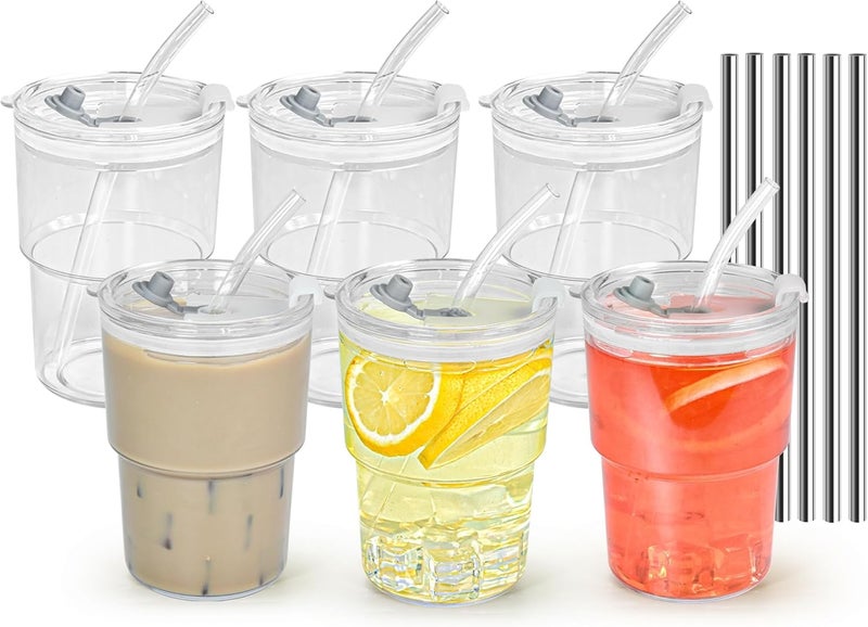Icesip 15 oz Plastic Iced Coffee Cups with Lids and Straws Set of 6, Unbreakable Drinking Glasses Reusable Iced Coffee Glass to Go Cup for Matcha Tea Smoothie Juice Cup Dishwasher Safe - Image 1