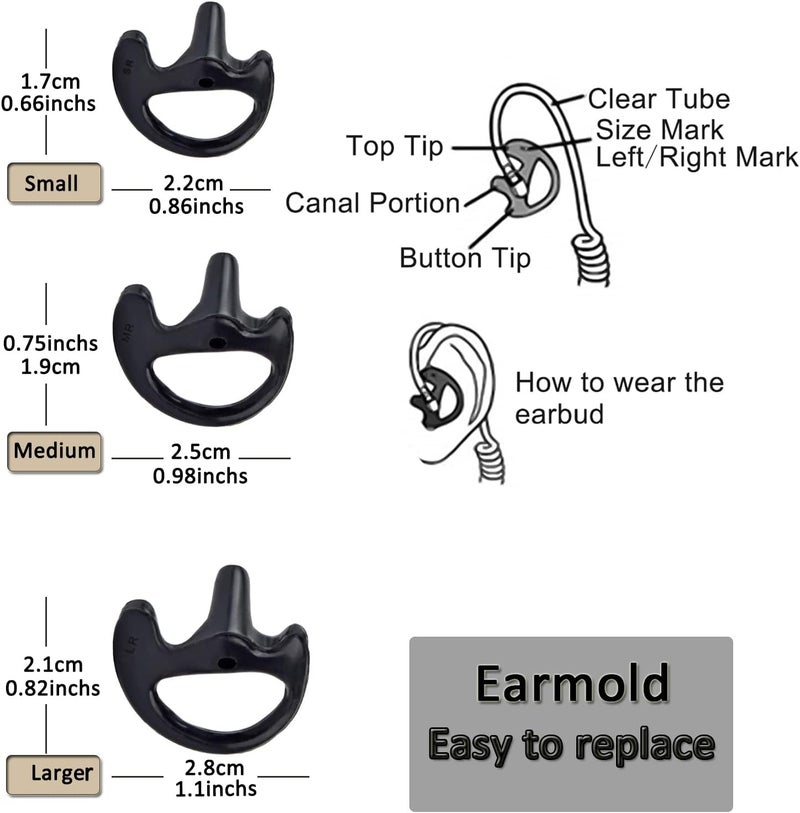 HYS Black Soft Earmold Replacement Ear Pieces Flexible Open Ear Insert Earbuds for Transparent Air Acoustic earpiece Headset, 1 Pairs-Large, 1 Pairs-Medium, 1 Pairs-Small Left and Right Earmold - Image 2