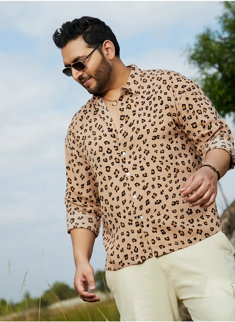 انستافاب بلس Instafab Plus Men's Buff Beige Cheetah Imprint Shirt For Casual Wear | Spread Collar | Long Cuffed Sleeves | Button Closure | Plus Size Shirt Crafted With Comfort Fit For Everyday Wear