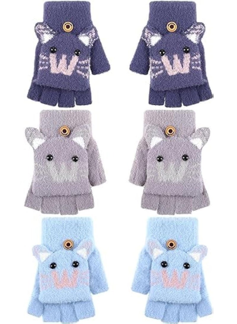 HZYH 3 Pairs Kids Fingerless Gloves, Convertible Flip Top Gloves, Winter Warm Knit Half Finger Mitten, for Kids Boy Girls 5-10 Years - Image 1