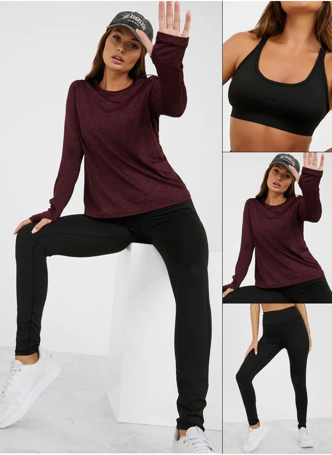 Styli Styli Pack of 3 - Melange Open Twist Back Top- Racerback Sports Bra and Leggings