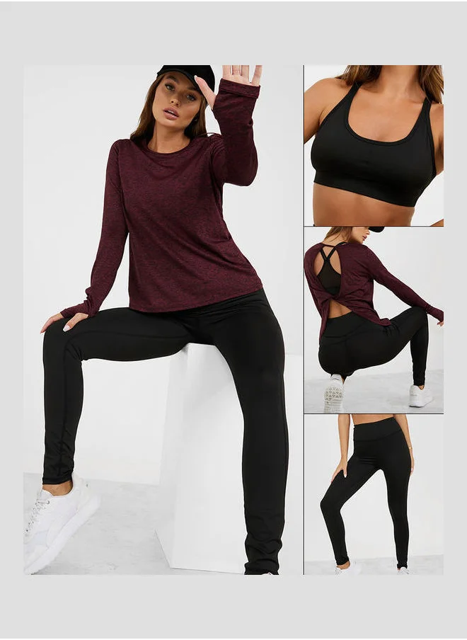 Styli Pack of 3 - Melange Open Twist Back Top Racerback Sports Bra and Active Legging Set