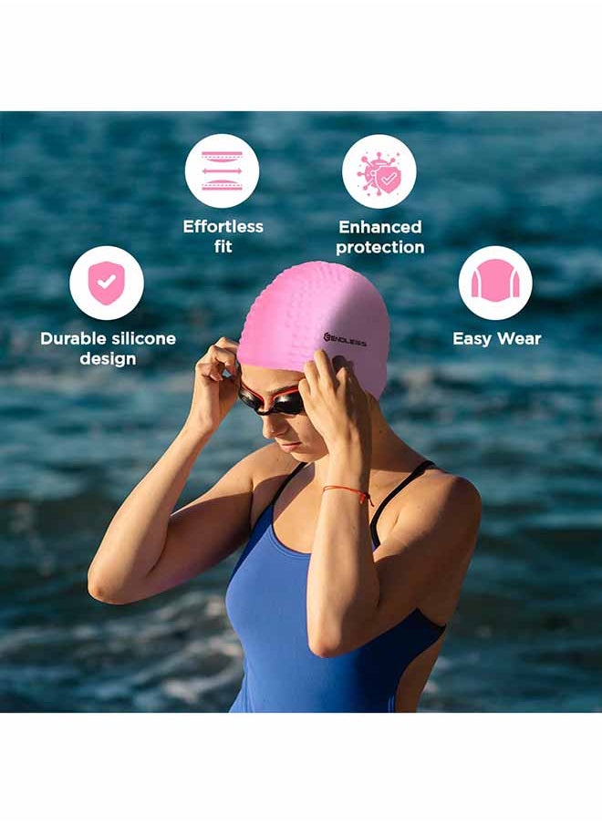 ENDLESS  - Endless EL1021 Comfortable Silicon Swimming Cap with Bubble Design | Pink | Material : Silicon | Elastic Waterproof Swimming Cap for Long and Short Hair with Thicker Edge | For Adults, Women and Men - Image 1