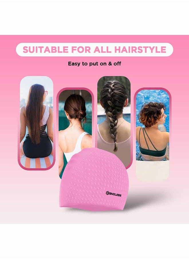 ENDLESS  - Endless EL1021 Comfortable Silicon Swimming Cap with Bubble Design | Pink | Material : Silicon | Elastic Waterproof Swimming Cap for Long and Short Hair with Thicker Edge | For Adults, Women and Men - Image 1