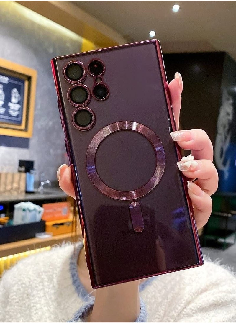 for Samsung Galaxy S23 Ultra Case Magnetic Clear with Camera Lens Protector Full Protection MagSafe Electroplated Silicone Slim Fit Shockproof Protective Case Cover - Burgundy - Image 2