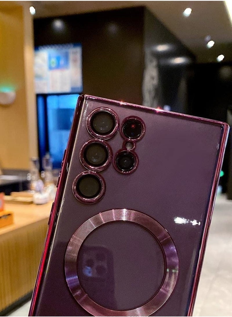 for Samsung Galaxy S23 Ultra Case Magnetic Clear with Camera Lens Protector Full Protection MagSafe Electroplated Silicone Slim Fit Shockproof Protective Case Cover - Burgundy - Image 4