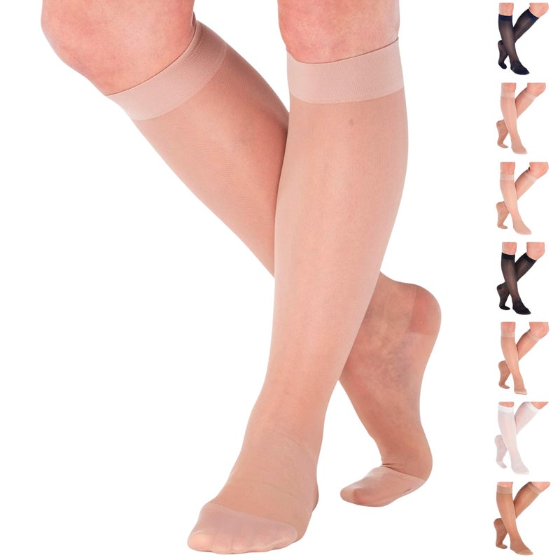 ABSOLUTE SUPPORT Made in USA - Sheer Graduated Support Opaque Compression Knee High Socks for Women 15-20mmHg | For Airplane, Flight, Travel Circulation - Nude, Medium - ATRAVEL101NU2 - Image 1