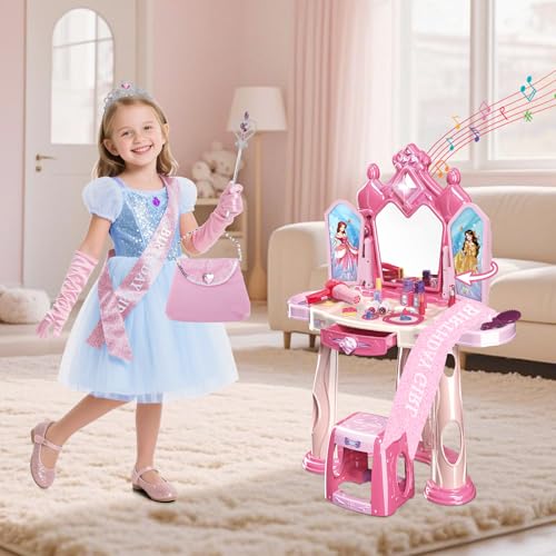 deAO Kids Vanity Table and Chair Set Toddler Vanity Kids Makeup Set with Lights MusicOpen Doors by GesturesPrincess SashCrownGlovesHair Dryer ToyGirls Pretend Play Dress Up Makeup Toy Gift - Image 5