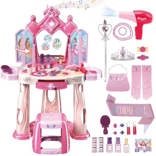 deAO Kids Vanity Table and Chair Set Toddler Vanity Kids Makeup Set with Lights MusicOpen Doors by GesturesPrincess SashCrownGlovesHair Dryer ToyGirls Pretend Play Dress Up Makeup Toy Gift - Image 1