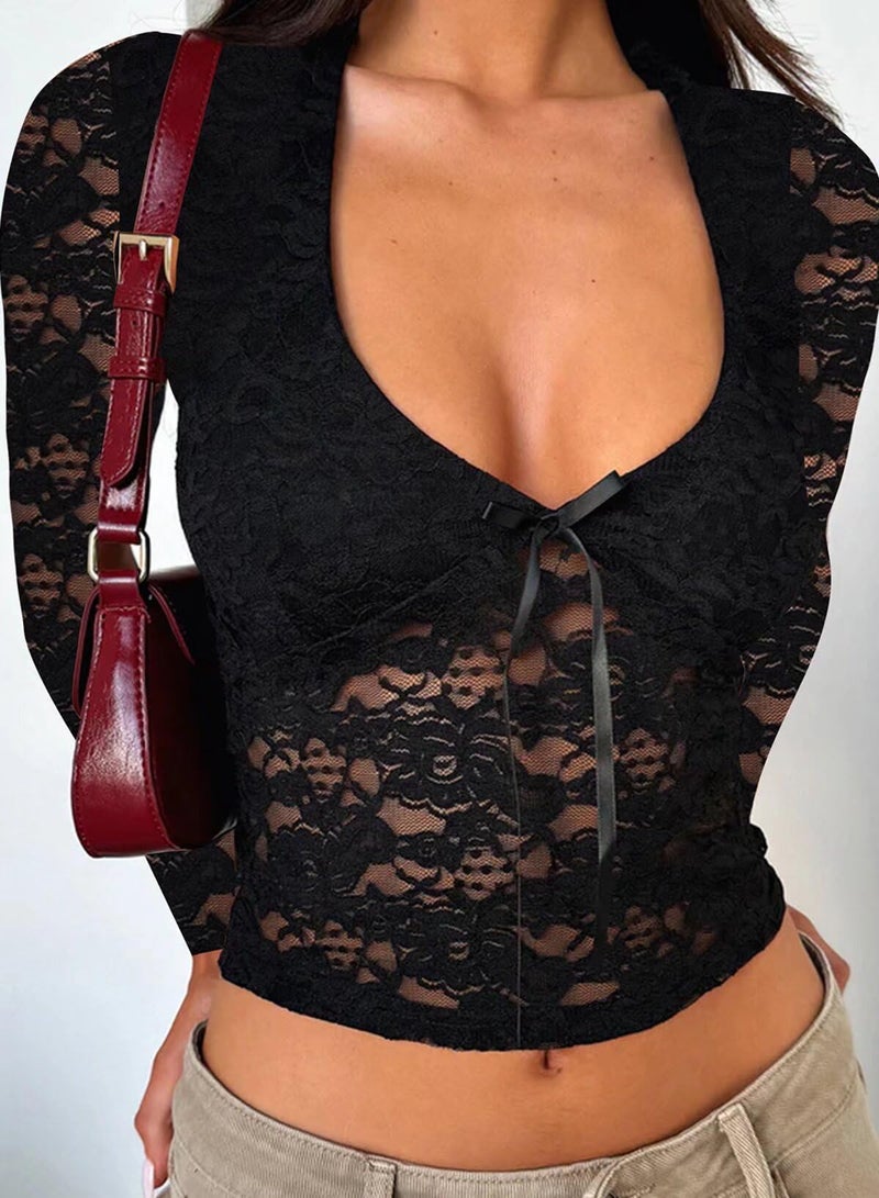 Falechay Going Out Tops Long Sleeve Shirts For Women y2k Clothes Womens Fashion Sexy Outfit Lace Casual Top Ladies Low Cut Blouses Elegant Blouse Holiday Wear Woman Trending See Through Shirt Black XL - Image 3