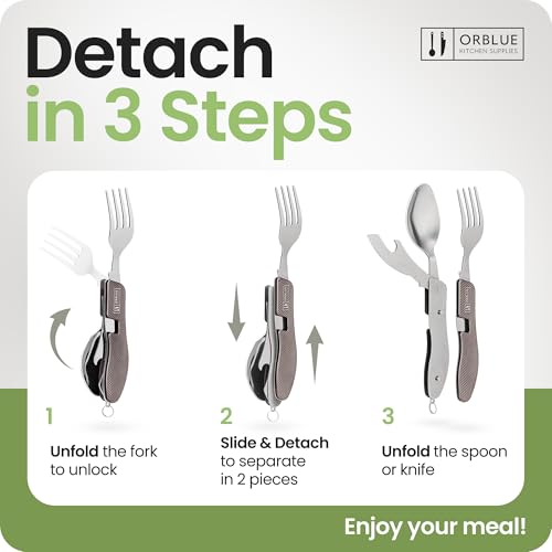Orblue 4-in-1 Camping Utensils, 2-Pack - Portable Stainless Steel Spoon, Fork, Knife & Bottle Opener Combo Set - Travel, Backpacking Cutlery Multitool, Gray - Image 3