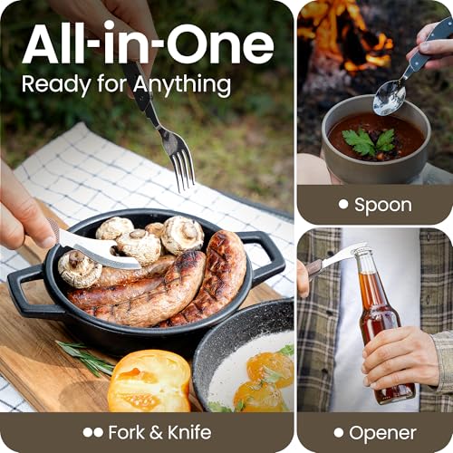 Orblue 4-in-1 Camping Utensils, 2-Pack - Portable Stainless Steel Spoon, Fork, Knife & Bottle Opener Combo Set - Travel, Backpacking Cutlery Multitool, Gray - Image 2