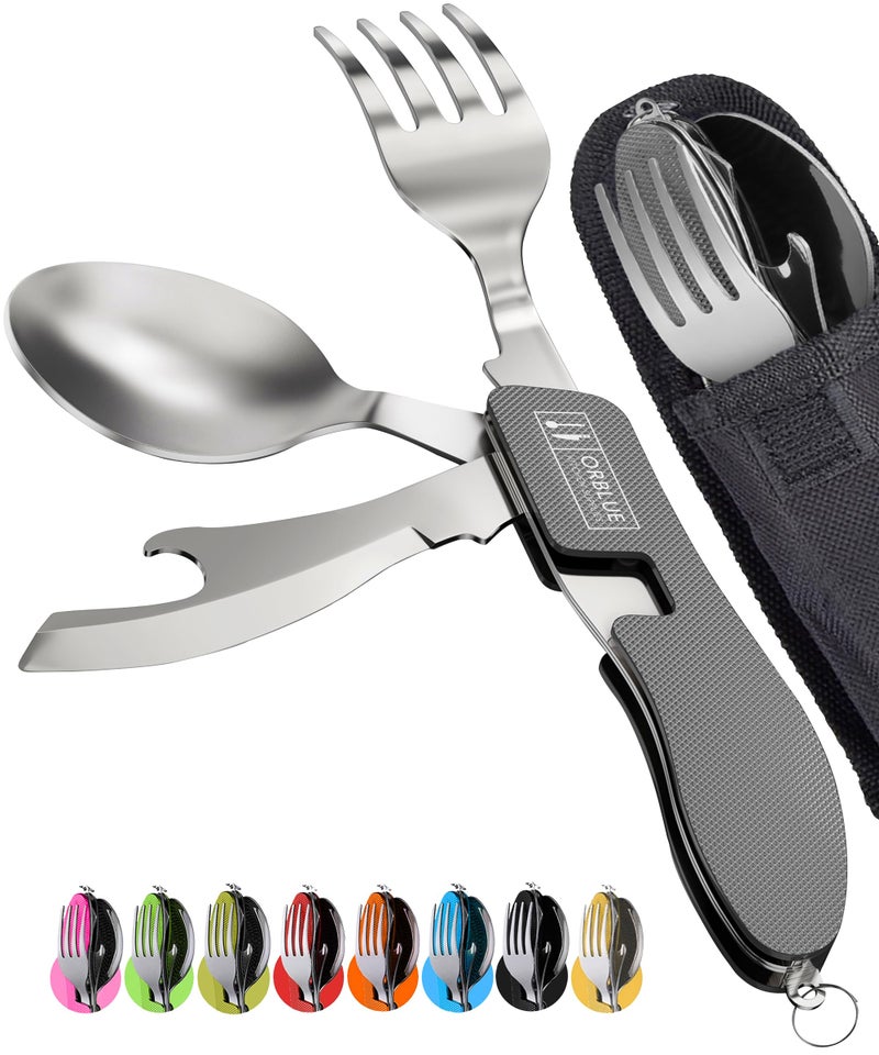 Orblue 4-in-1 Camping Utensils, 2-Pack - Portable Stainless Steel Spoon, Fork, Knife & Bottle Opener Combo Set - Travel, Backpacking Cutlery Multitool, Gray - Image 1