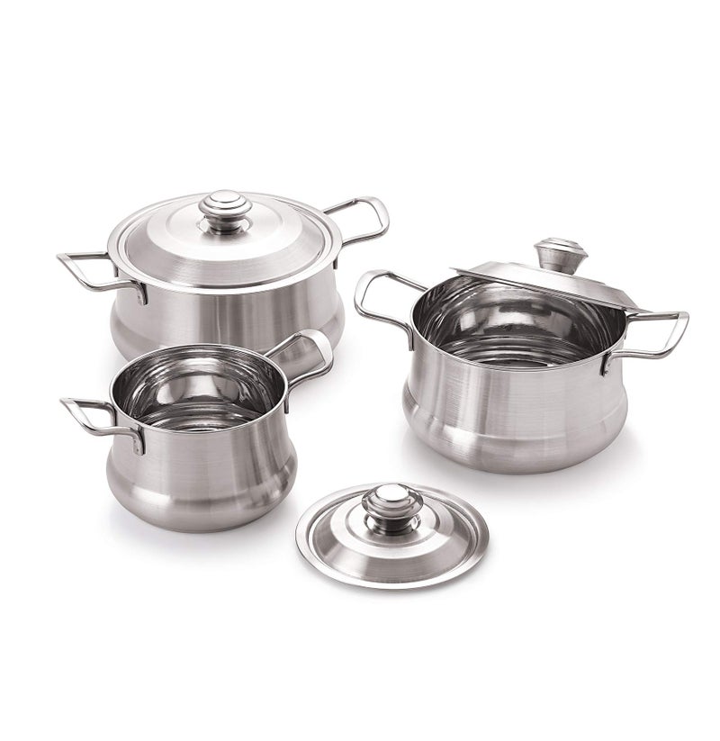 COOKWELL Crown Mirror Finish Stainless Steel 6 pcs Serving Bowl - Pot with Lid, (3 Piece Bowl & 3 Piece Lid) - Image 1